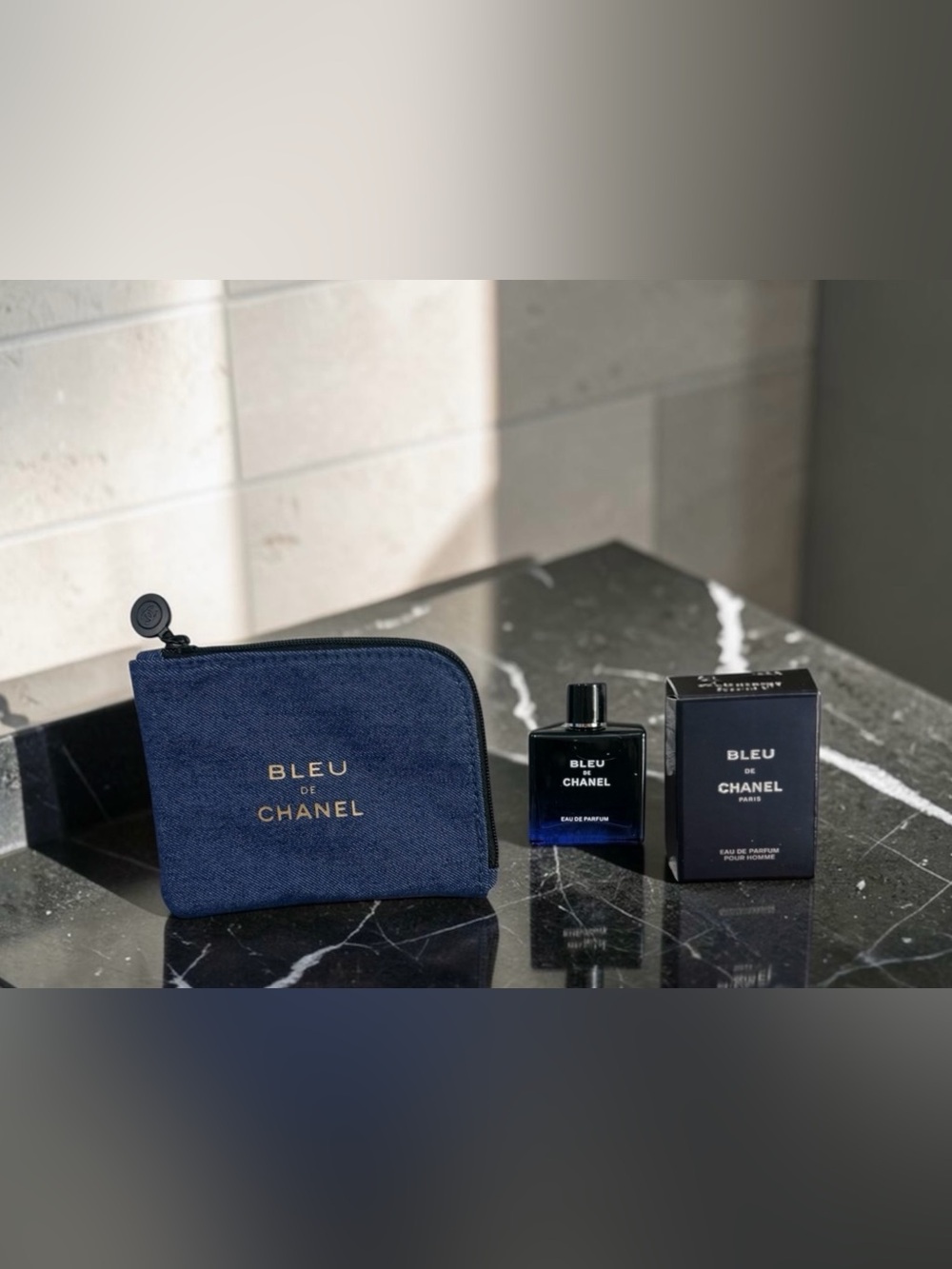 CHANEL Bleu De Chanel Denim Cosmetic Pouch & EDP Mini Gift Set New